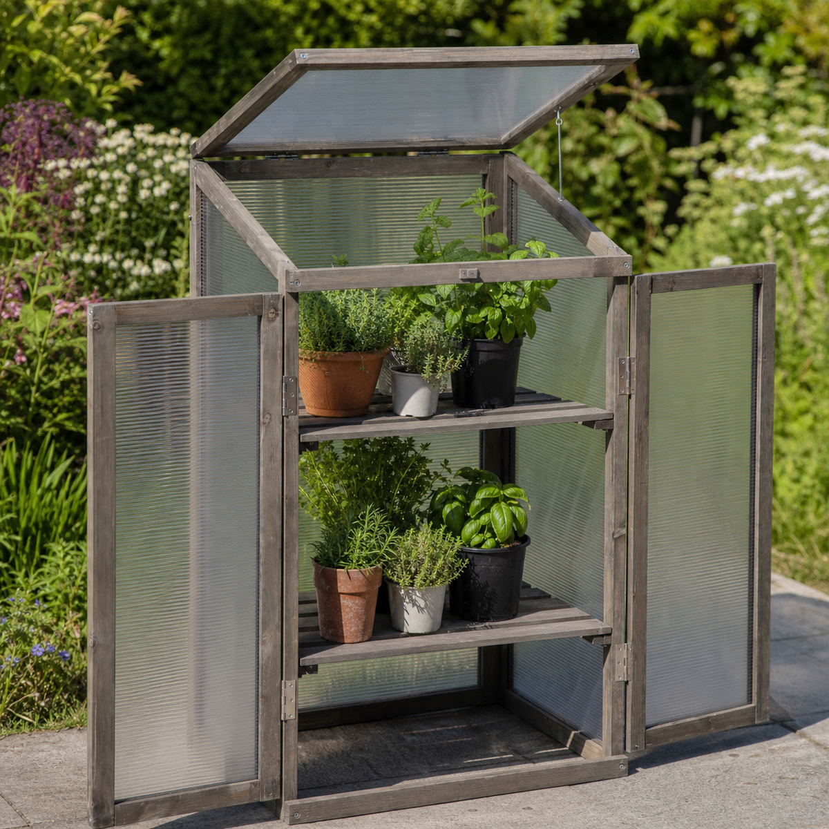 Mini-serre verticale 60 x 45 x 100 cm en bois de sapin avec étagères | Atelier Solarya