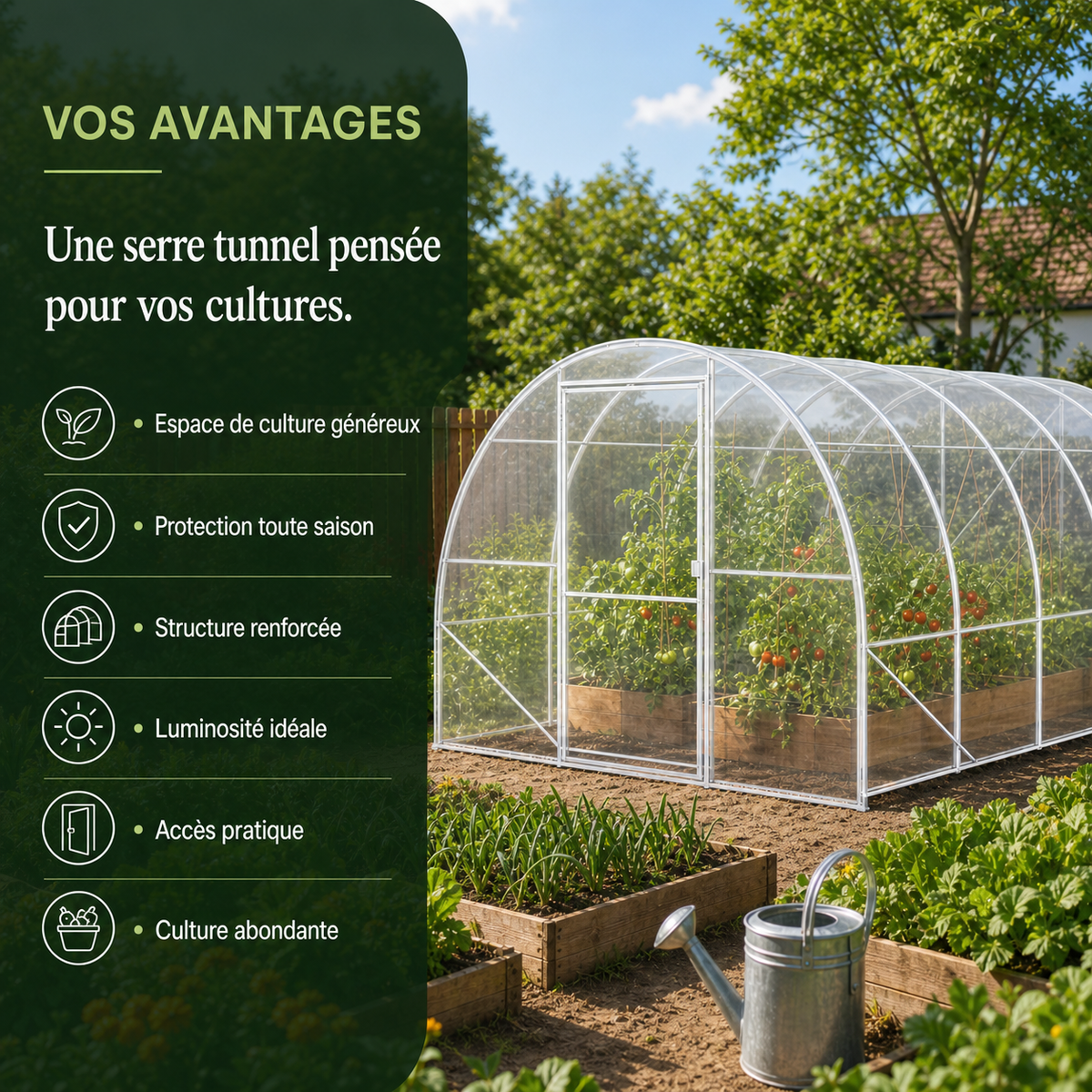 Serre tunnel de jardin 12 m² avec 2 portes | Atelier Solarya