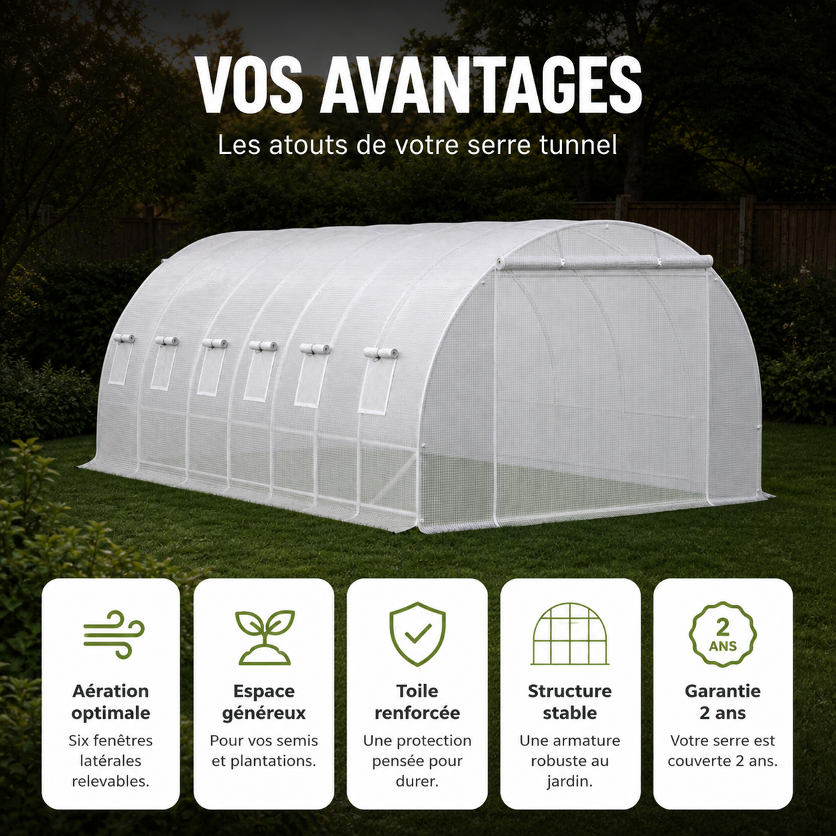 Serre tunnel de jardin 18,3 m² en acier galvanisé | Atelier Solarya