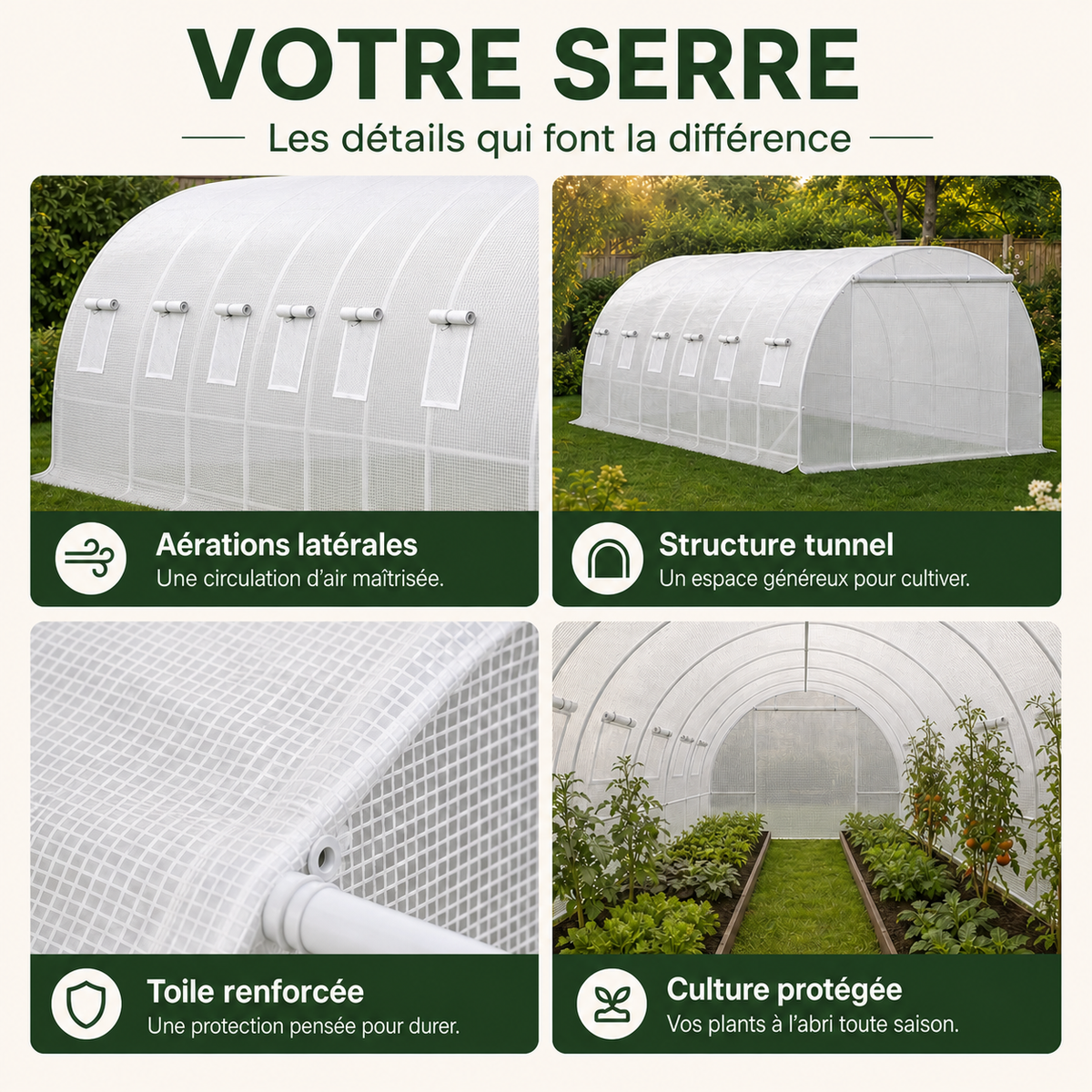 Serre tunnel de jardin 18,3 m² en acier galvanisé | Atelier Solarya