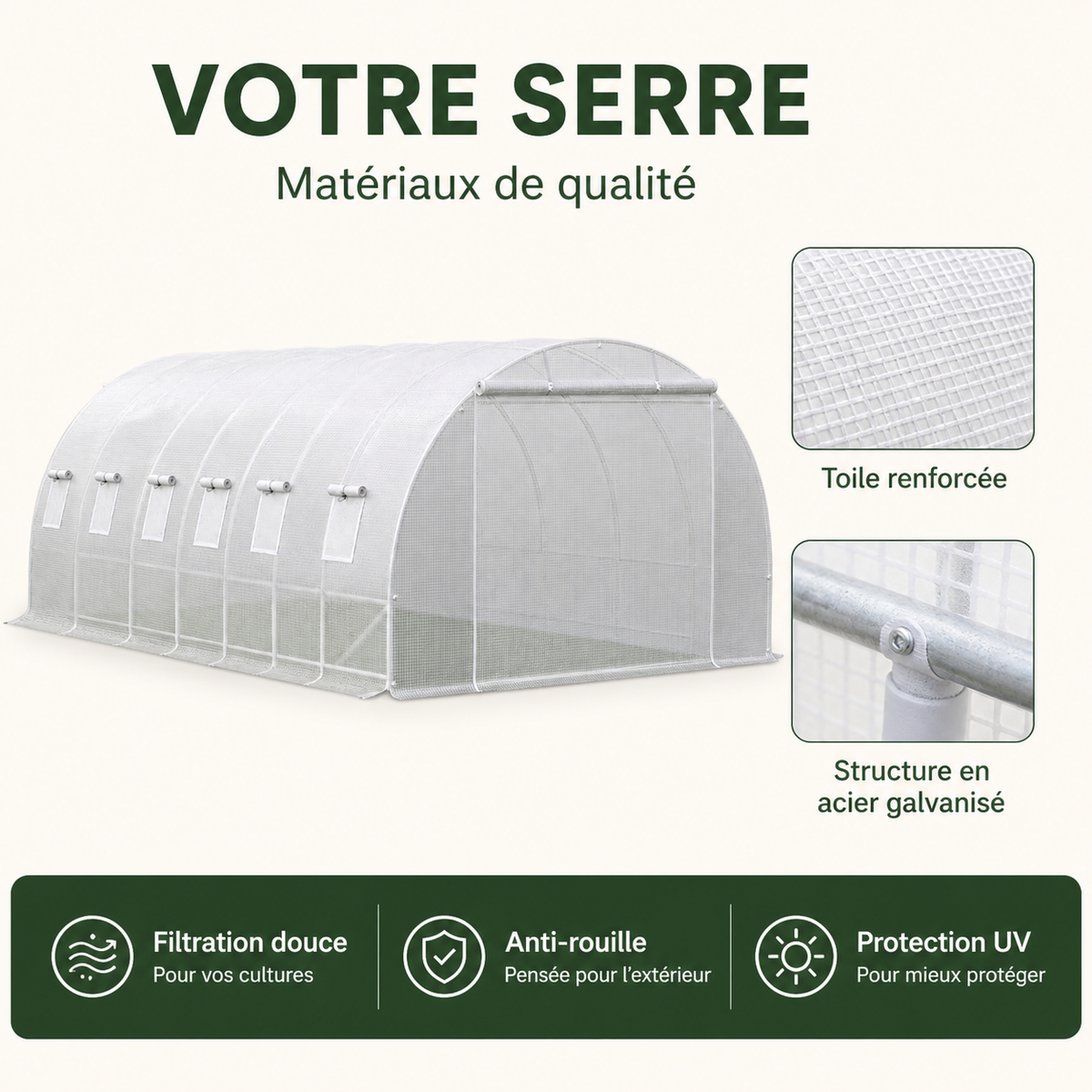 Serre tunnel de jardin 18,3 m² en acier galvanisé | Atelier Solarya