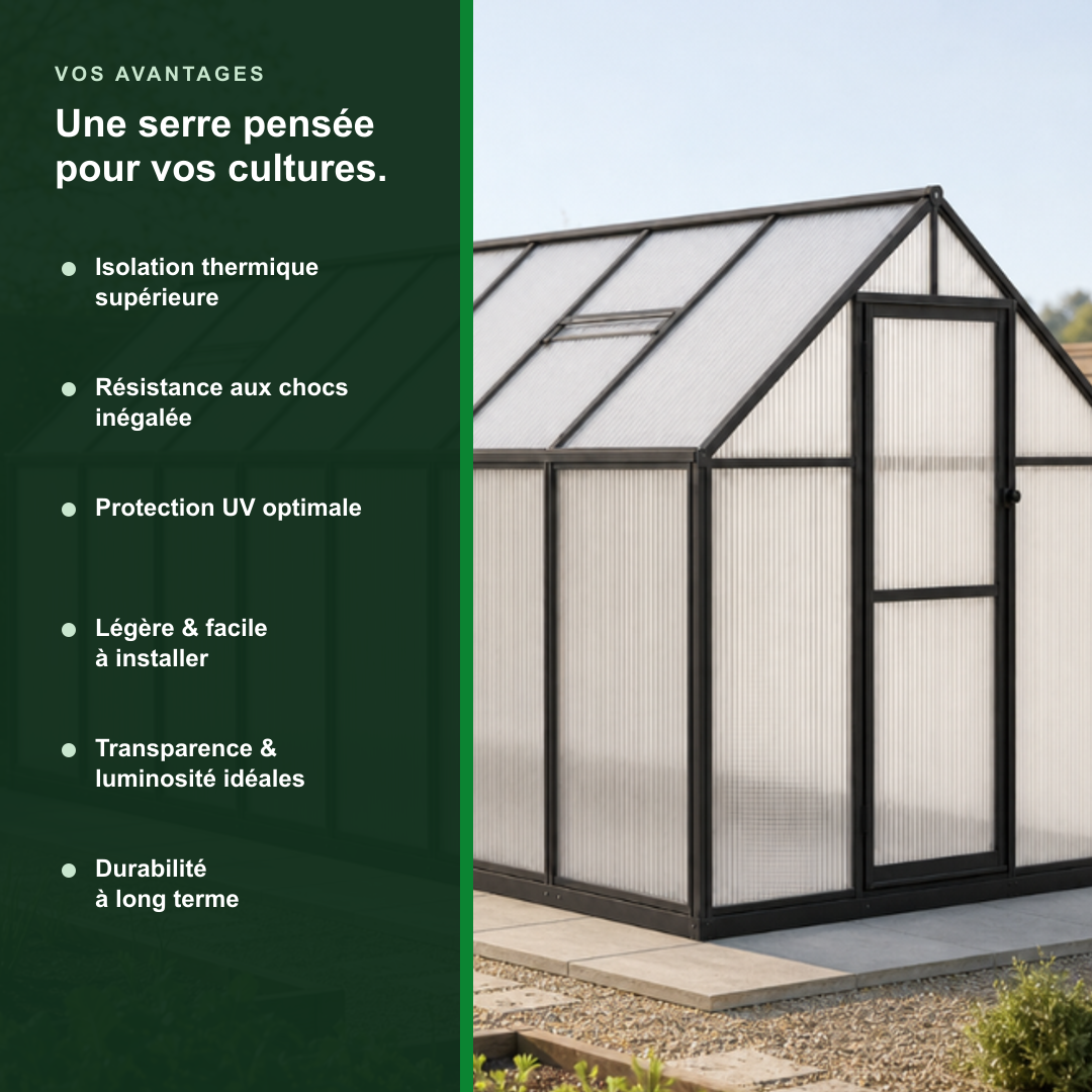 Serre de jardin anthracite 7,52 m² anthracite en polycarbonate | Atelier Solarya