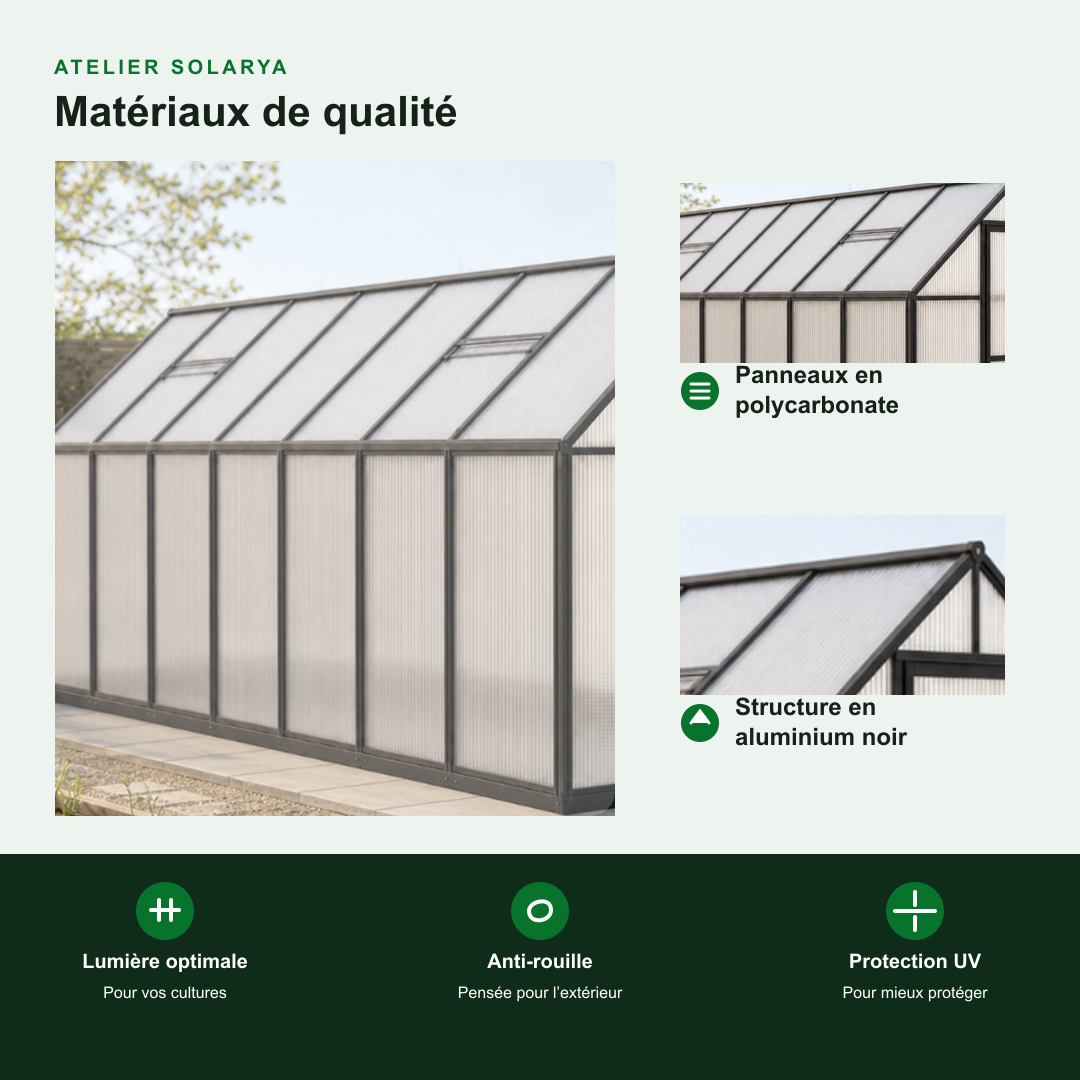 Serre de jardin anthracite 7,52 m² anthracite en polycarbonate | Atelier Solarya