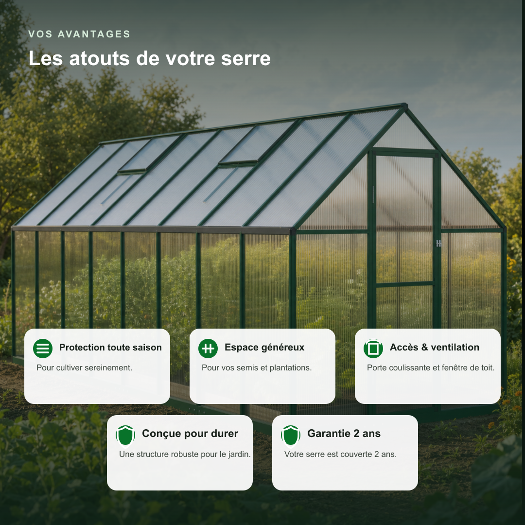 Serre de jardin verte 7,52 m² en polycarbonate | Atelier Solarya