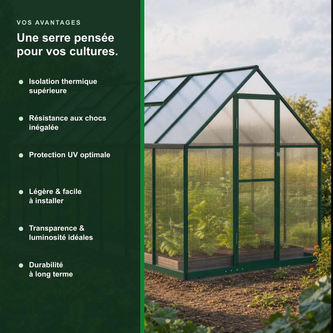 Serre de jardin verte 7,52 m² en polycarbonate | Atelier Solarya