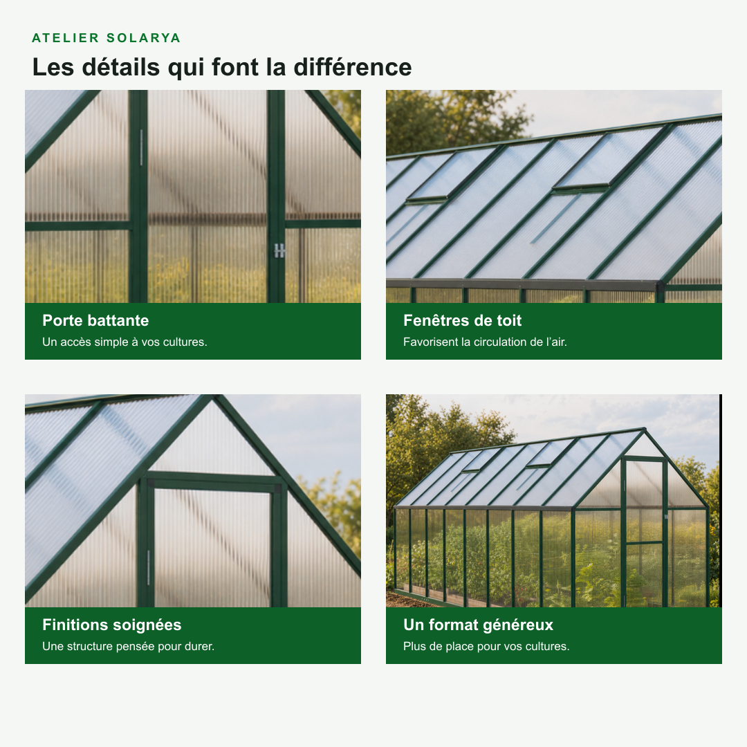 Serre de jardin verte 7,52 m² en polycarbonate | Atelier Solarya