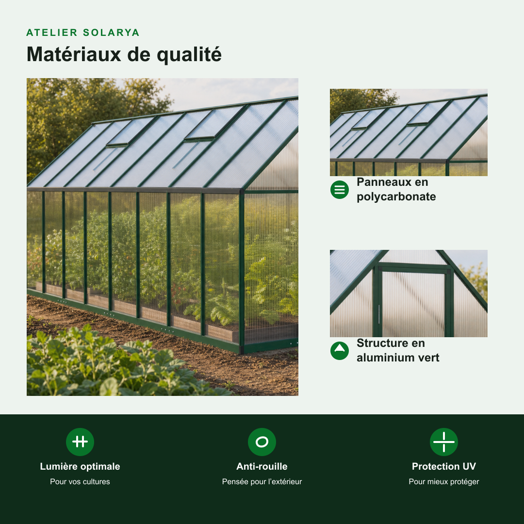 Serre de jardin verte 7,52 m² en polycarbonate | Atelier Solarya