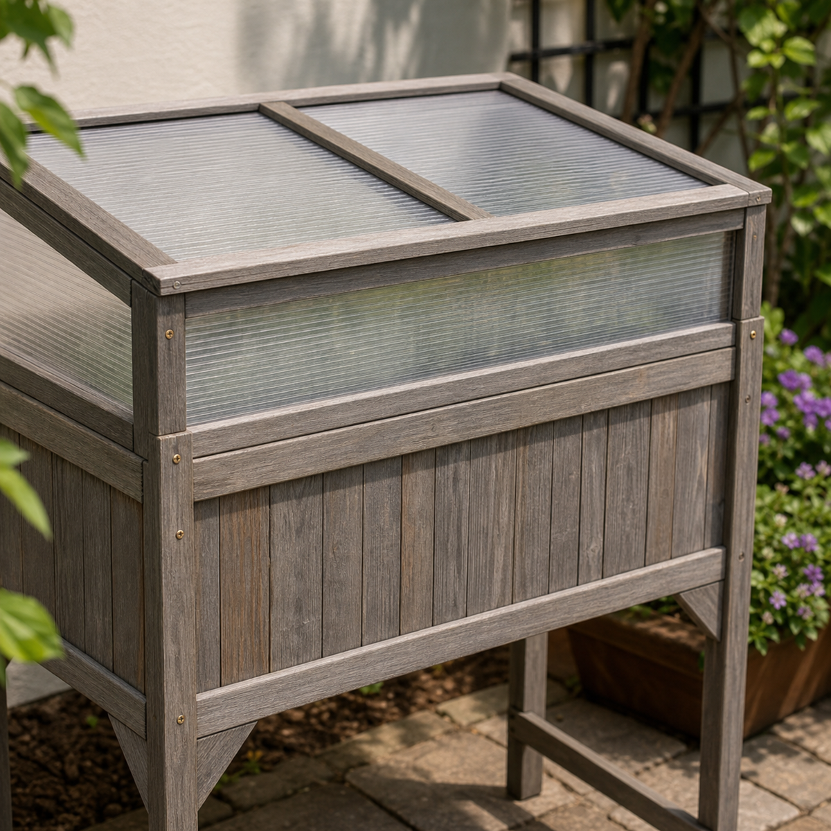 Mini-serre surélevée 110 x 54 x 120 cm en bois de sapin gris | Atelier Solarya