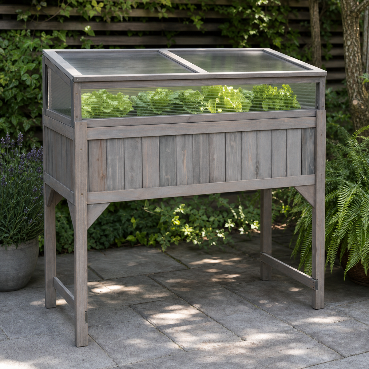 Mini-serre surélevée 110 x 54 x 120 cm en bois de sapin gris | Atelier Solarya