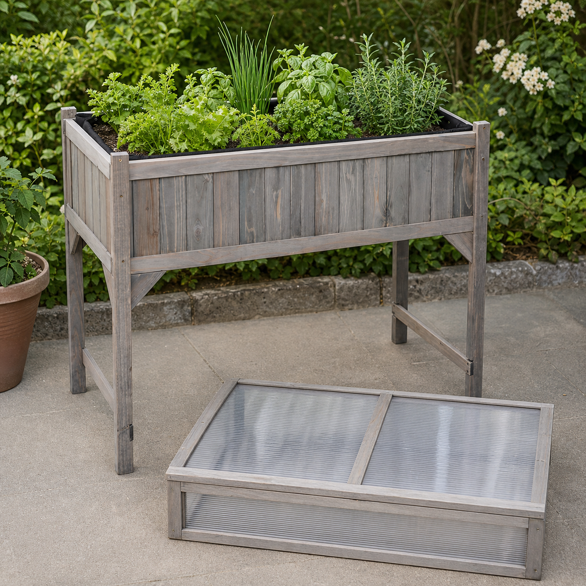 Mini-serre surélevée 110 x 54 x 120 cm en bois de sapin gris | Atelier Solarya