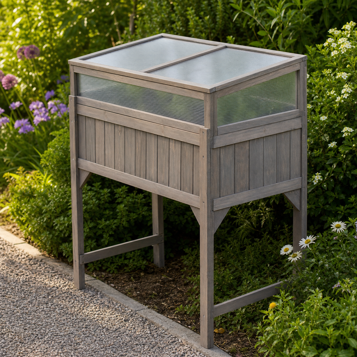 Mini-serre surélevée 110 x 54 x 120 cm en bois de sapin gris | Atelier Solarya