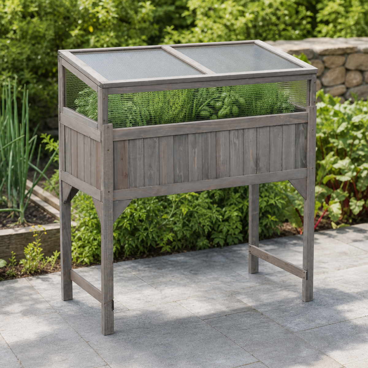 Mini-serre surélevée 110 x 54 x 120 cm en bois de sapin gris | Atelier Solarya