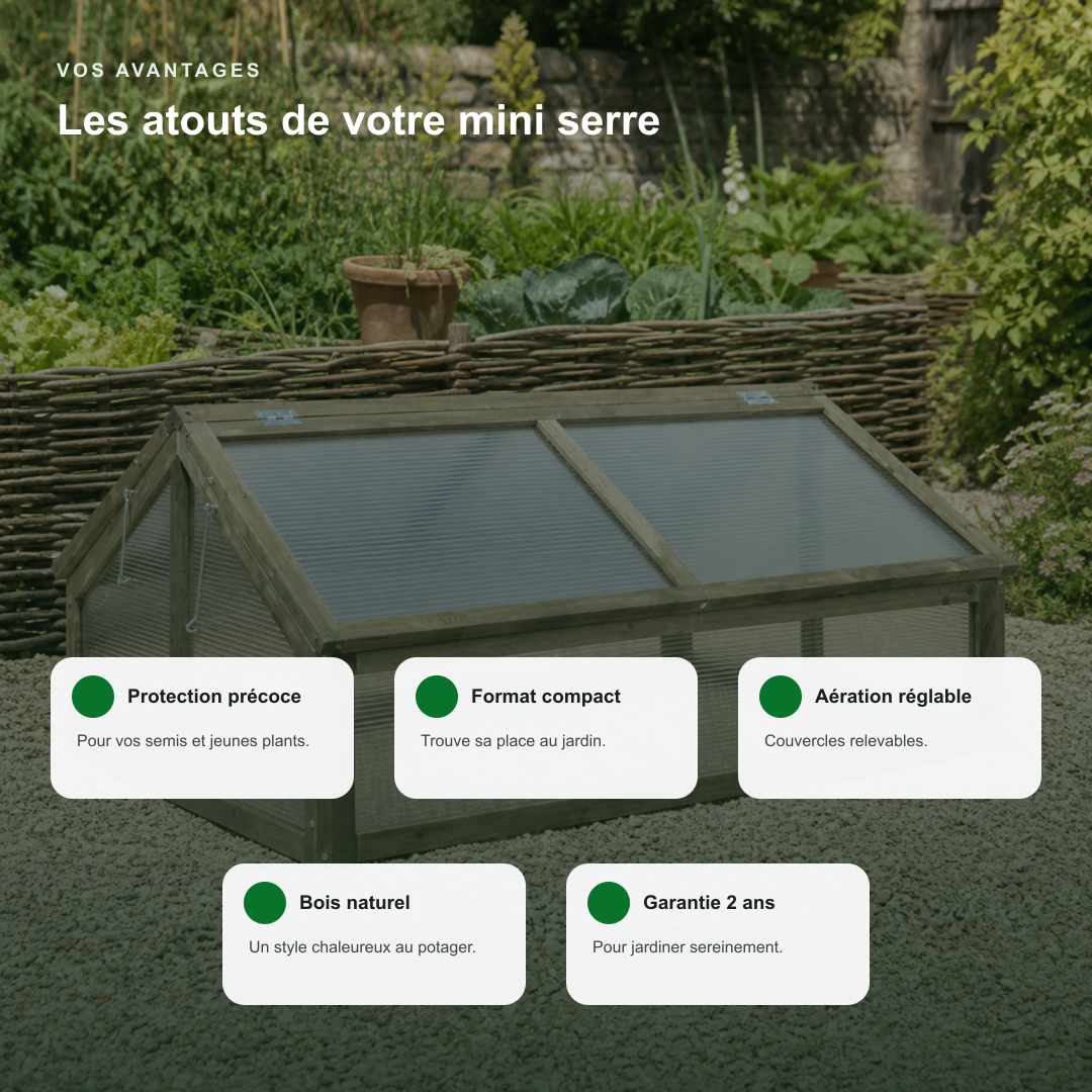 Mini-serre de jardin 114 x 80 x 50 cm en bois de sapin | Atelier Solarya