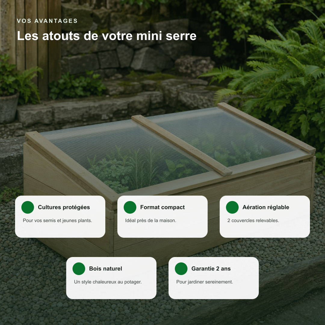 Mini-serre de jardin 100 x 50 x 35 cm en pin | Atelier Solarya