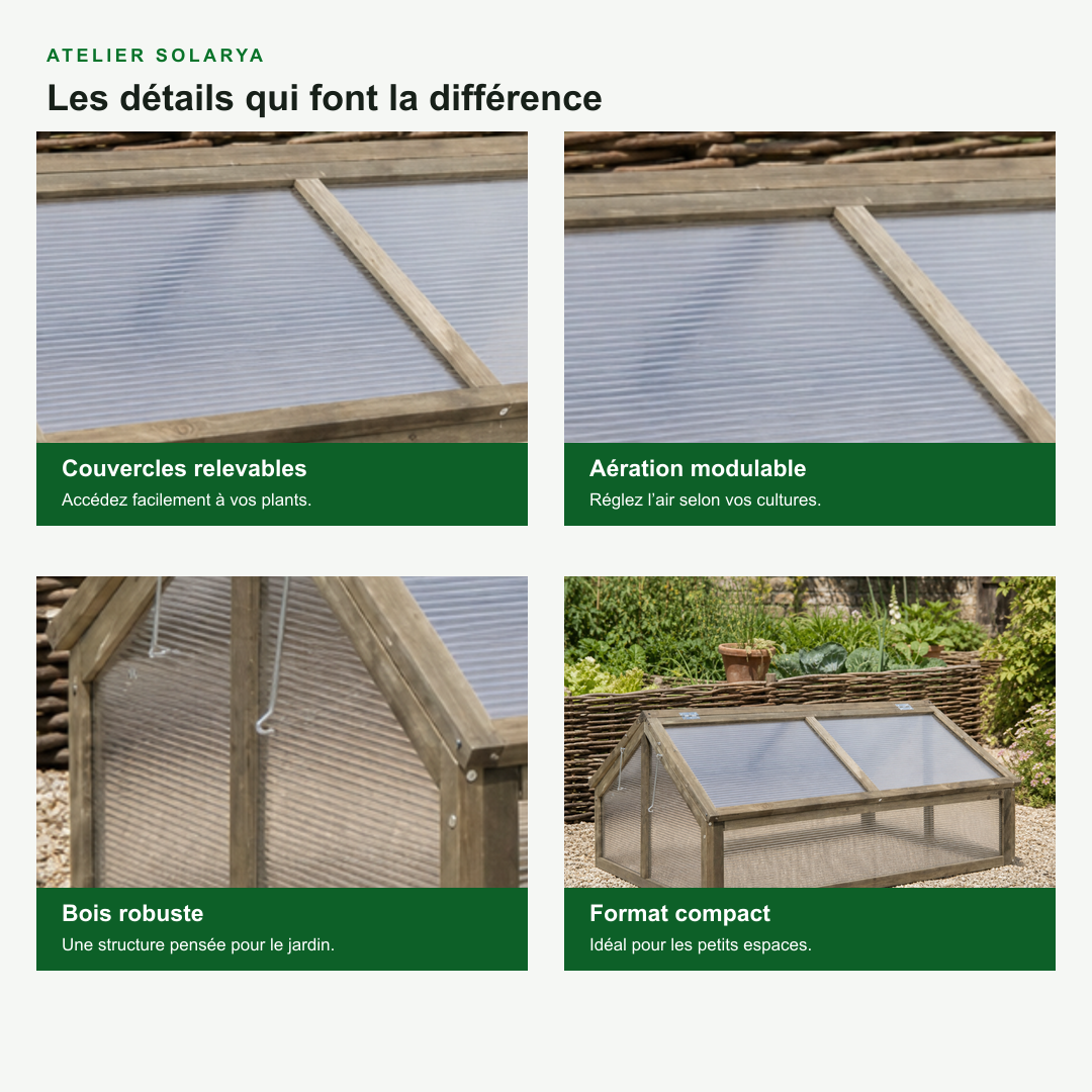 Mini-serre de jardin 114 x 80 x 50 cm en bois de sapin | Atelier Solarya