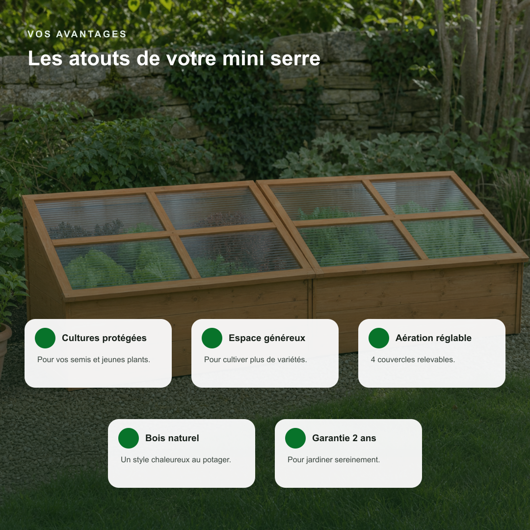 Mini-serre de jardin 180 x 57 x 62 cm polycarbonate en bois | Atelier Solarya