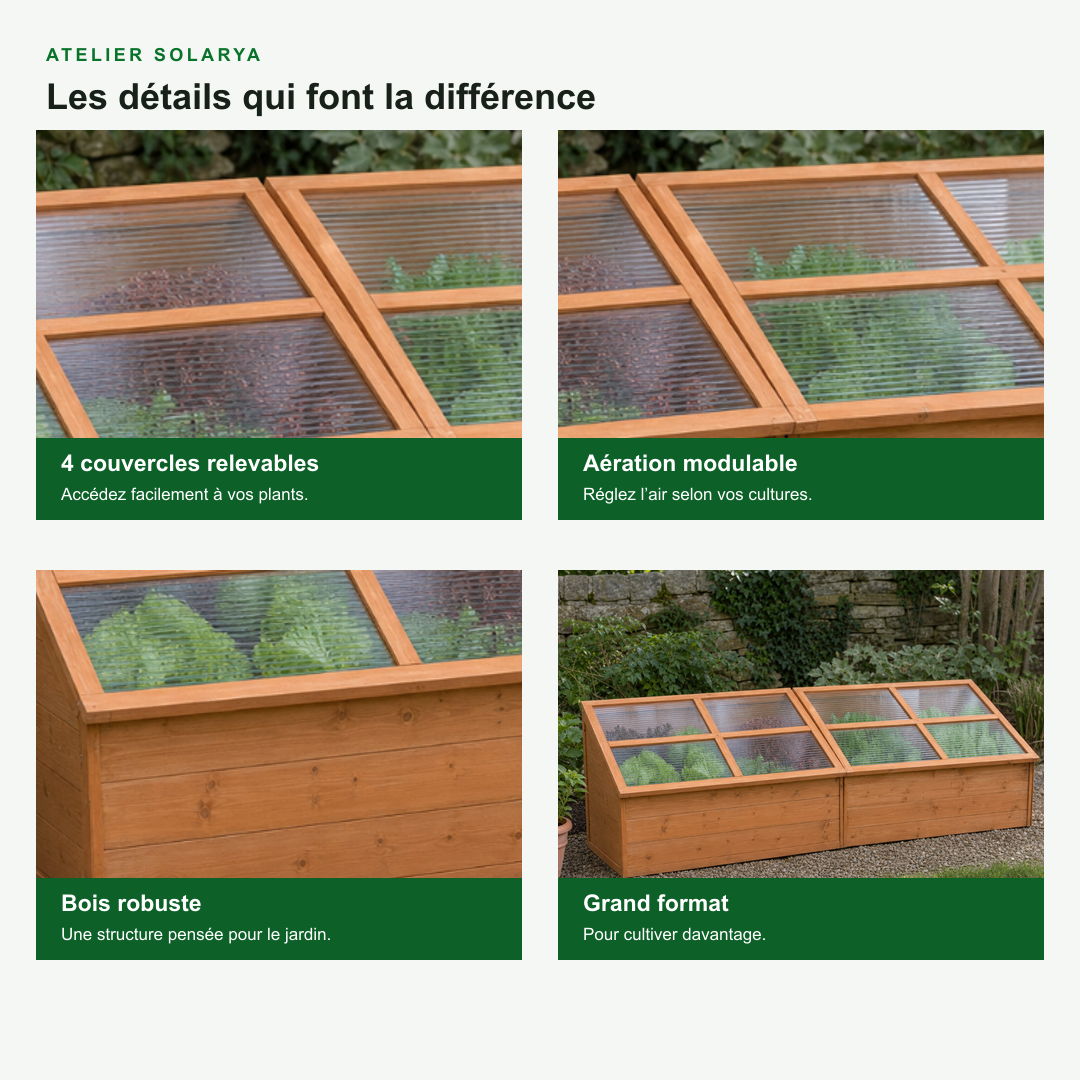 Mini-serre de jardin 180 x 57 x 62 cm polycarbonate en bois | Atelier Solarya
