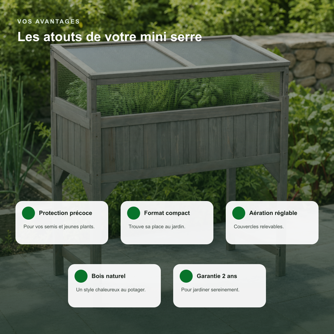 Mini-serre surélevée 110 x 54 x 120 cm en bois de sapin gris | Atelier Solarya