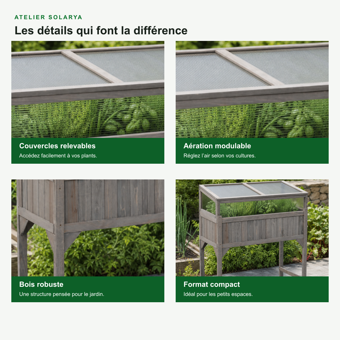 Mini-serre surélevée 110 x 54 x 120 cm en bois de sapin gris | Atelier Solarya