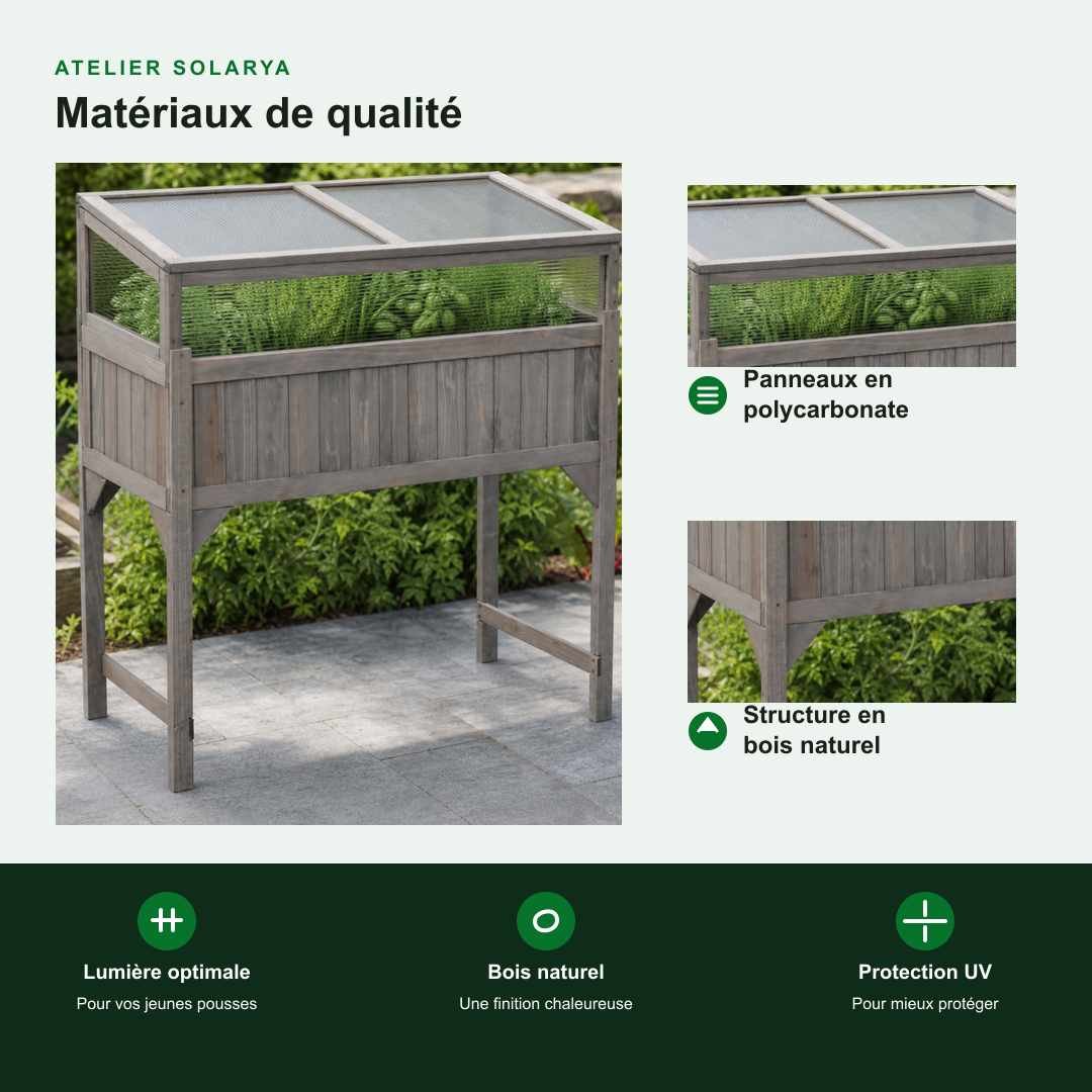 Mini-serre surélevée 110 x 54 x 120 cm en bois de sapin gris | Atelier Solarya