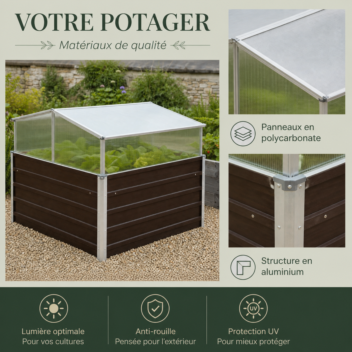 Mini-serre de jardin 100 x 100 x 85 cm marron en acier | Atelier Solarya