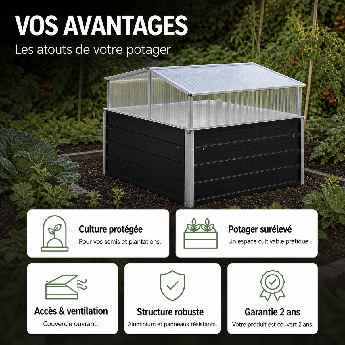 Mini-serre 100 x 100 x 77 cm anthracite en acier galvanisé | Atelier Solarya