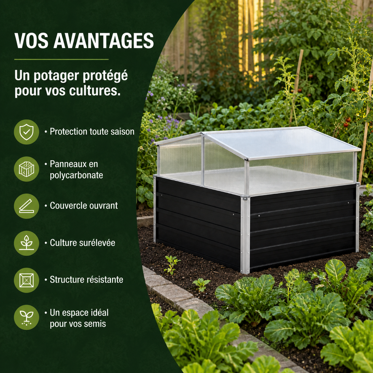 Mini-serre 100 x 100 x 77 cm anthracite en acier galvanisé | Atelier Solarya