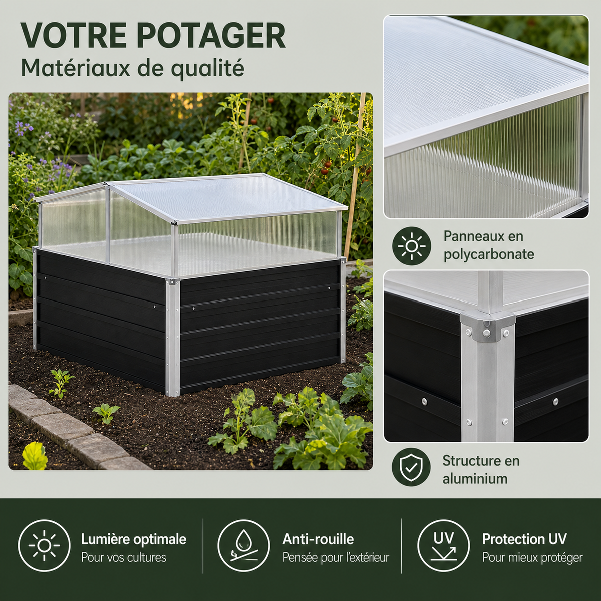 Mini-serre 100 x 100 x 77 cm anthracite en acier galvanisé | Atelier Solarya