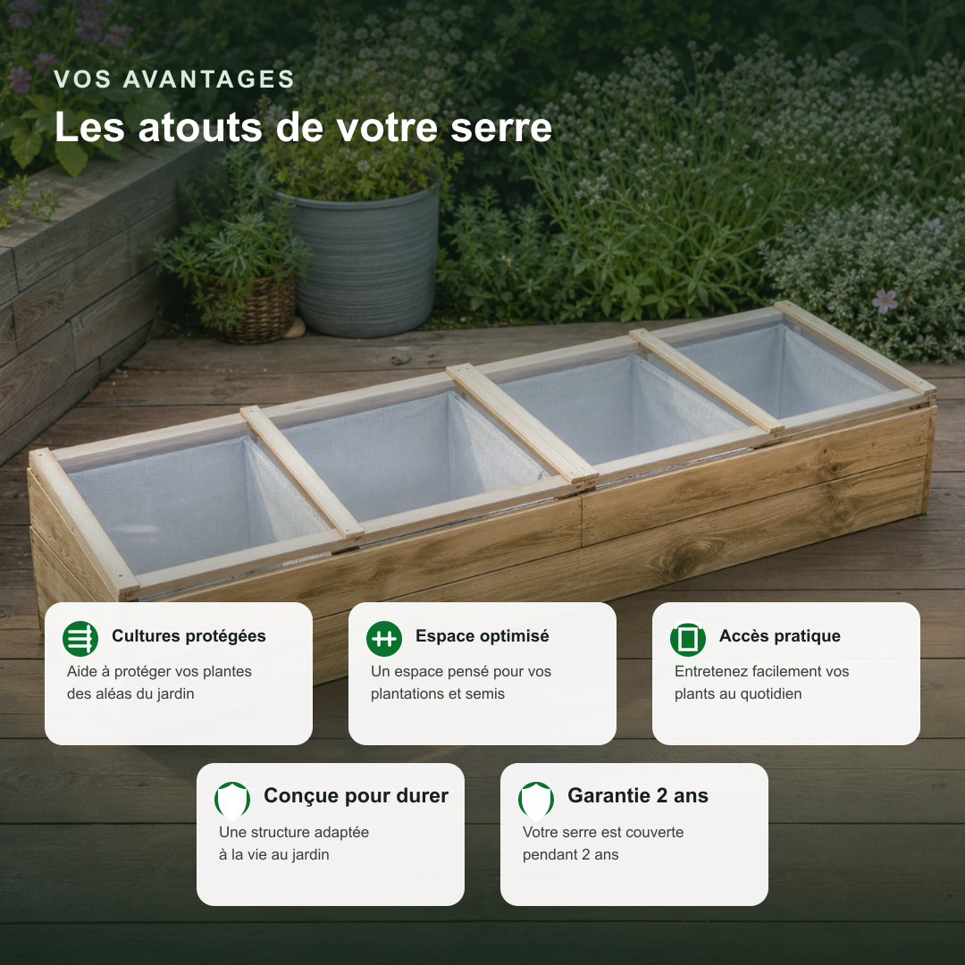 Serre de jardin 200 x 50 x 35 cm en pin imprégné avec toit | Atelier Solarya
