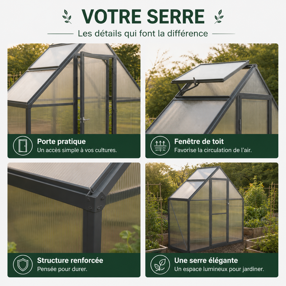 Serre de jardin 169 x 58 x 195 cm anthracite en aluminium | Atelier Solarya