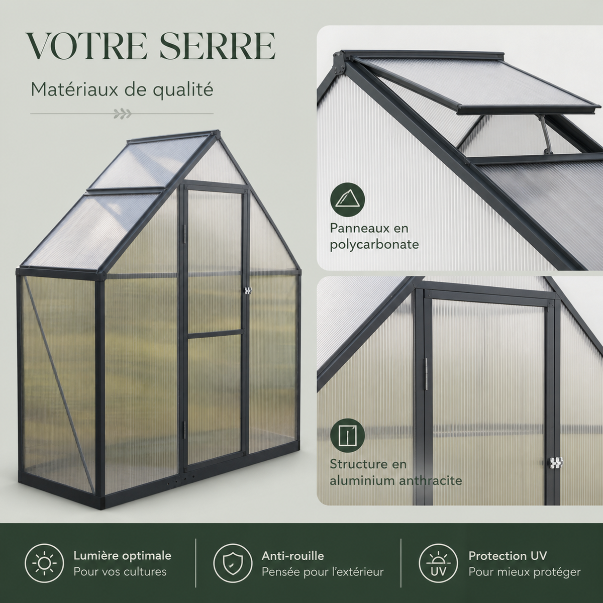 Serre de jardin 169 x 58 x 195 cm anthracite en aluminium | Atelier Solarya