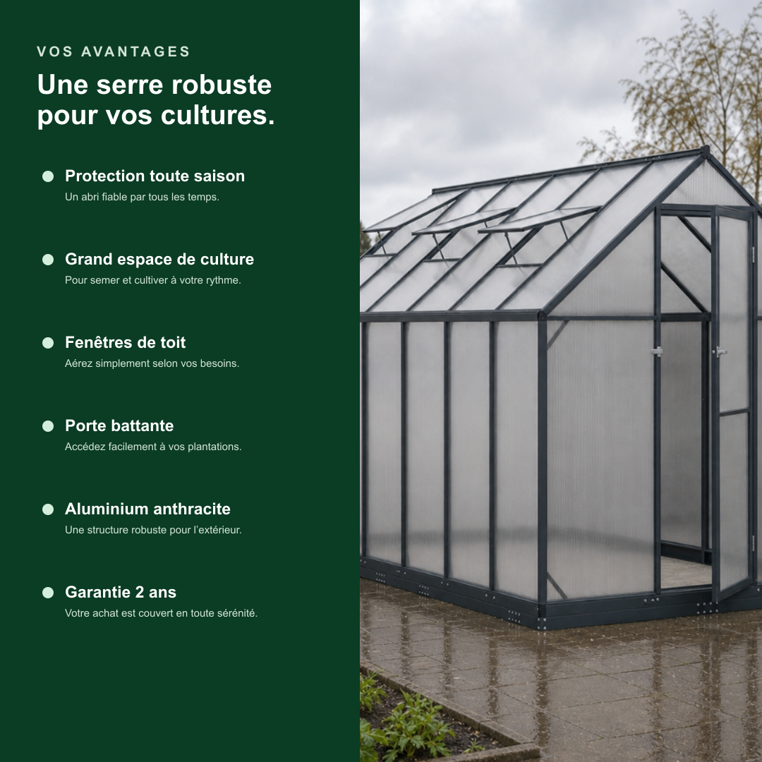 Serre de jardin anthracite 7,77 m² en aluminium | Atelier Solarya