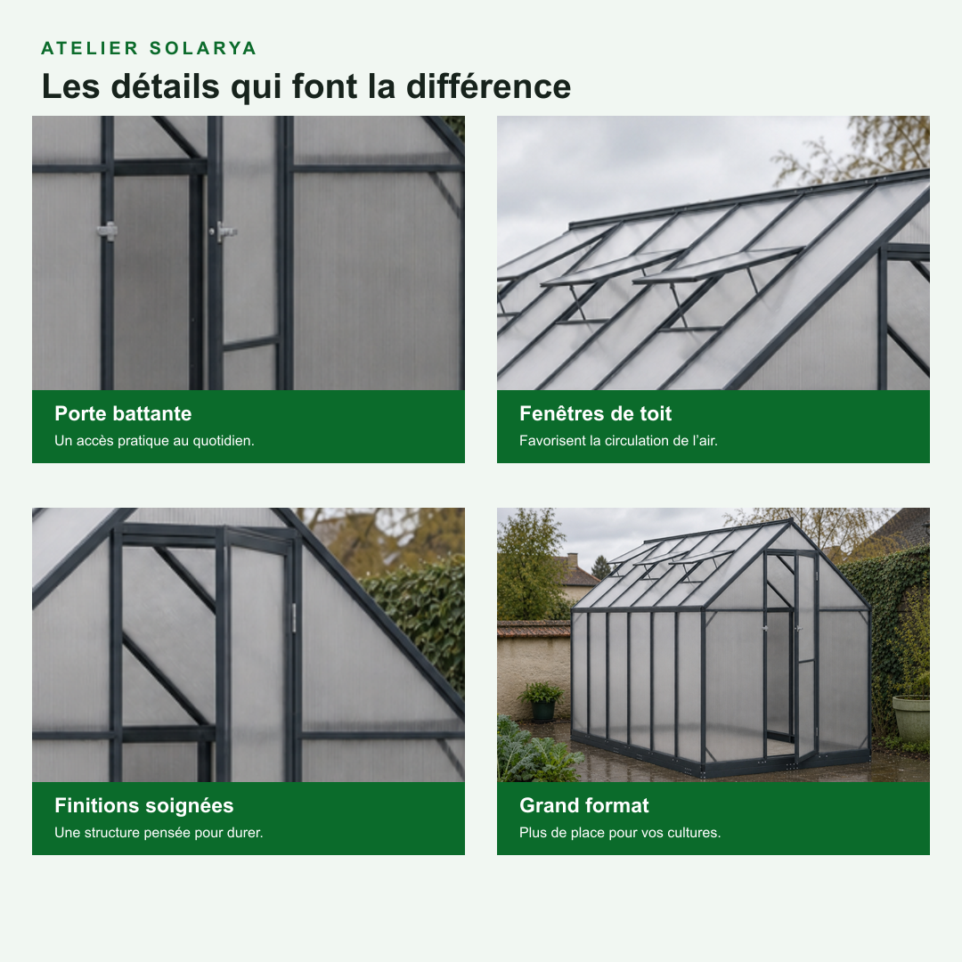 Serre de jardin anthracite 7,77 m² en aluminium | Atelier Solarya