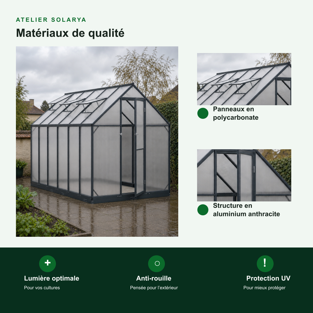 Serre de jardin anthracite 7,77 m² en aluminium | Atelier Solarya