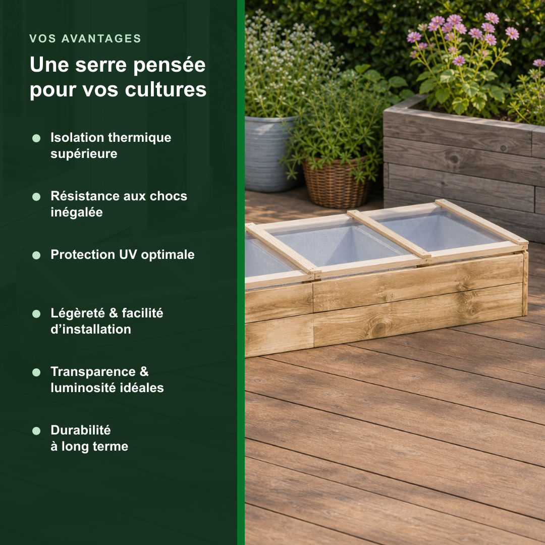 Serre de jardin 200 x 50 x 35 cm en pin imprégné avec toit | Atelier Solarya