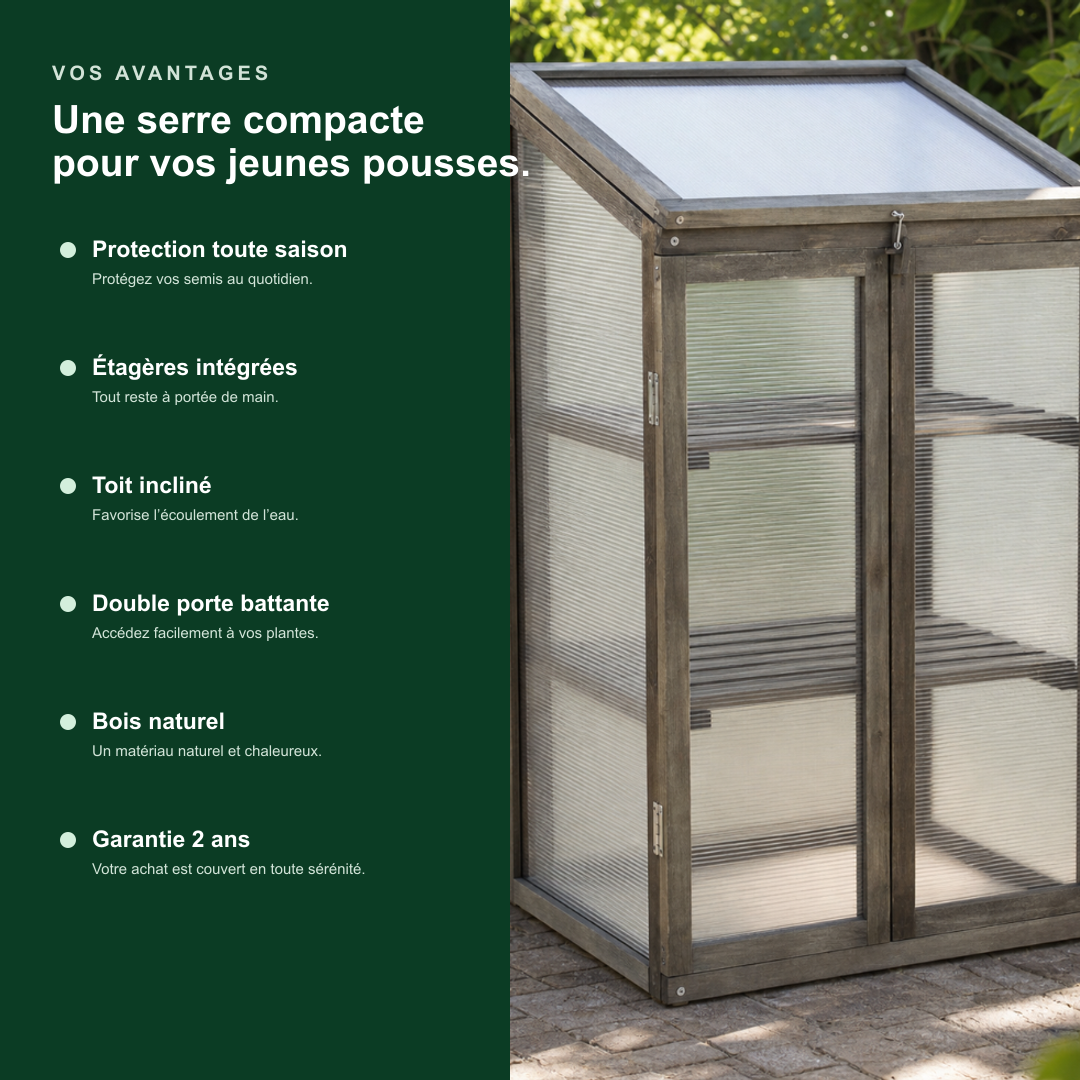 Mini-serre verticale 60 x 45 x 100 cm en bois de sapin avec étagères | Atelier Solarya