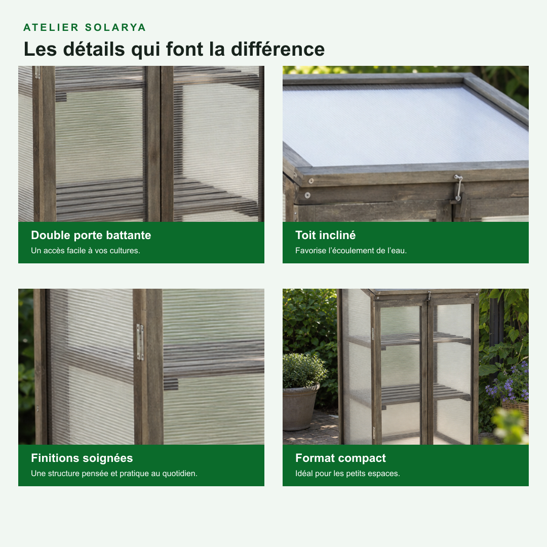 Mini-serre verticale 60 x 45 x 100 cm en bois de sapin avec étagères | Atelier Solarya