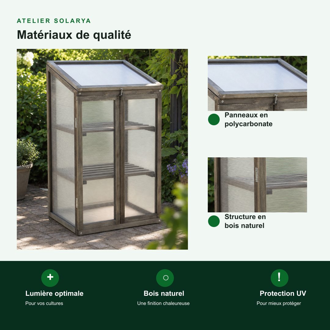 Mini-serre verticale 60 x 45 x 100 cm en bois de sapin avec étagères | Atelier Solarya