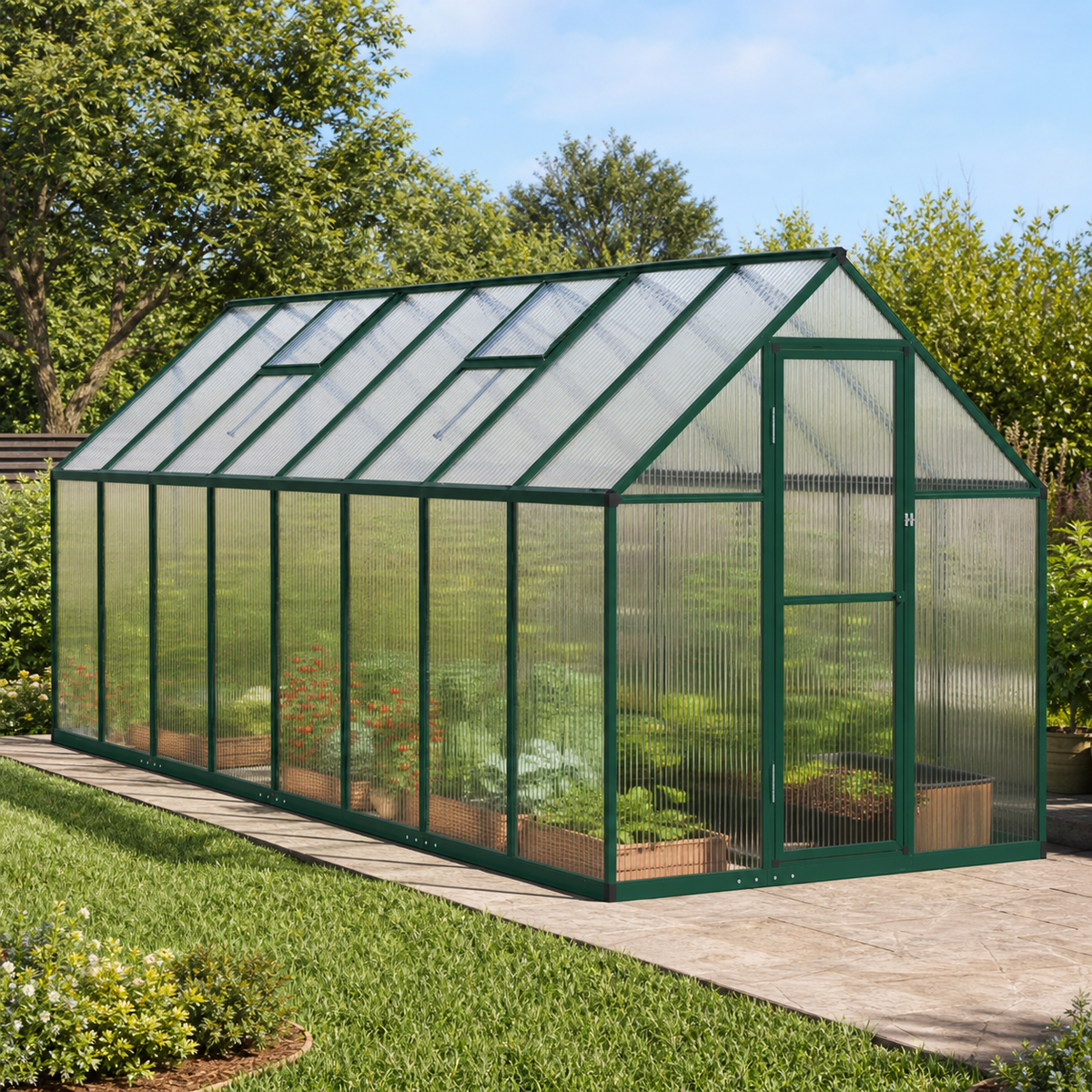 Serre de jardin verte 7,52 m² en polycarbonate | Atelier Solarya