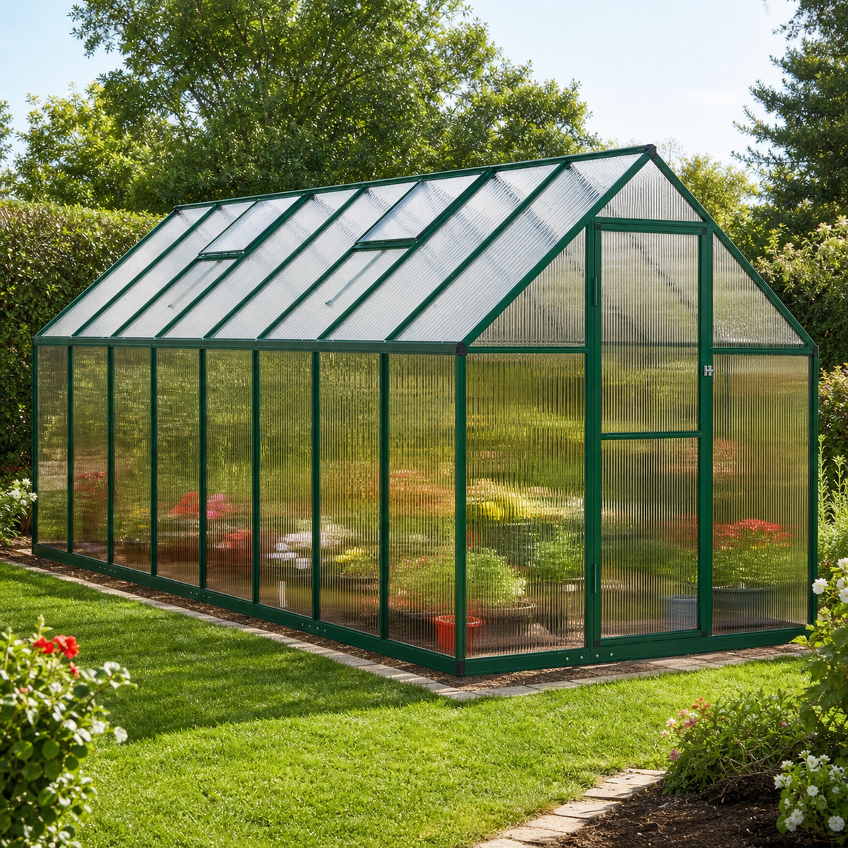 Serre de jardin verte 7,52 m² en polycarbonate | Atelier Solarya