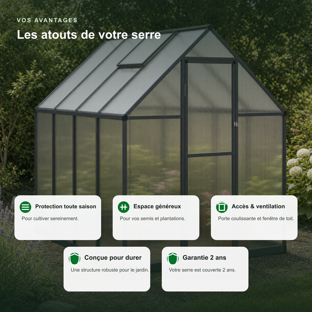 Serre de jardin anthracite 3,79 m² en polycarbonate | Atelier Solarya