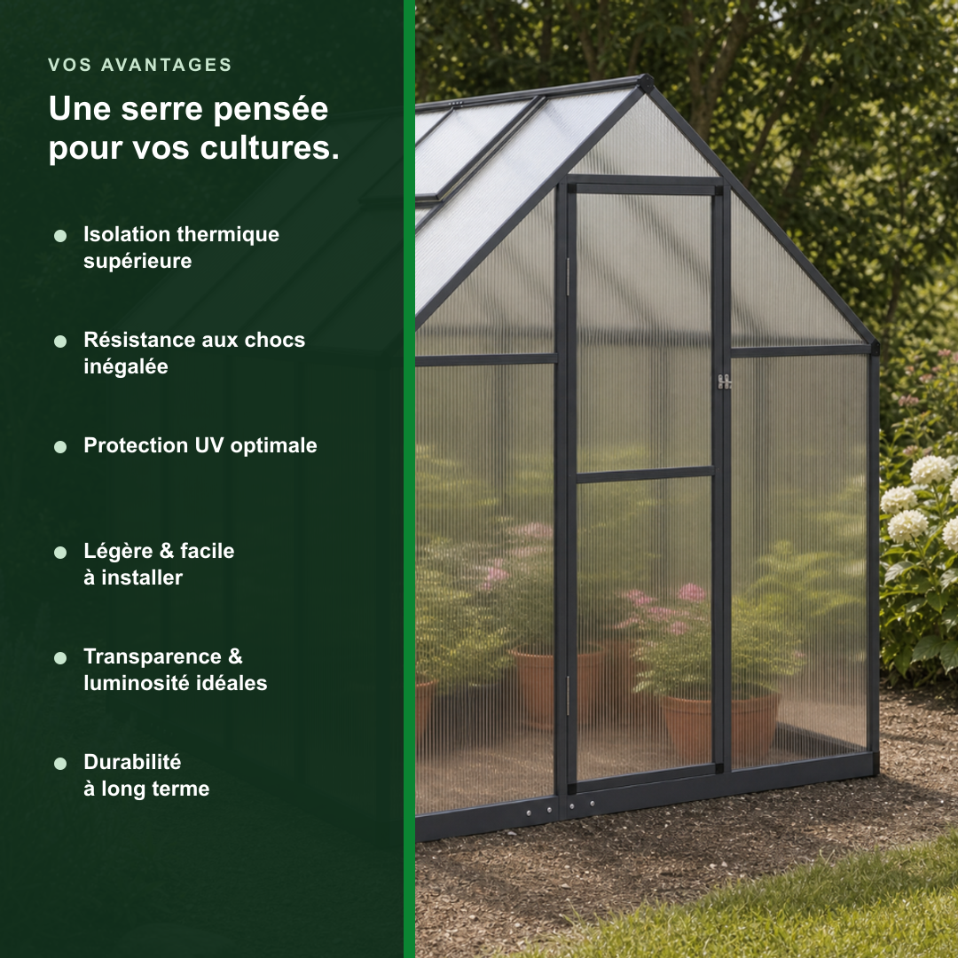 Serre de jardin anthracite 3,79 m² en polycarbonate | Atelier Solarya