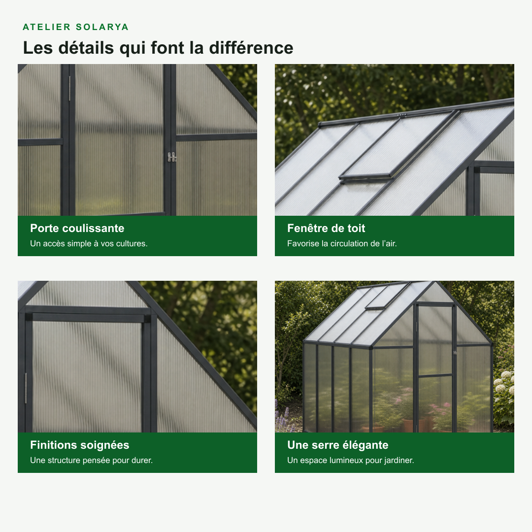 Serre de jardin anthracite 3,79 m² en polycarbonate | Atelier Solarya