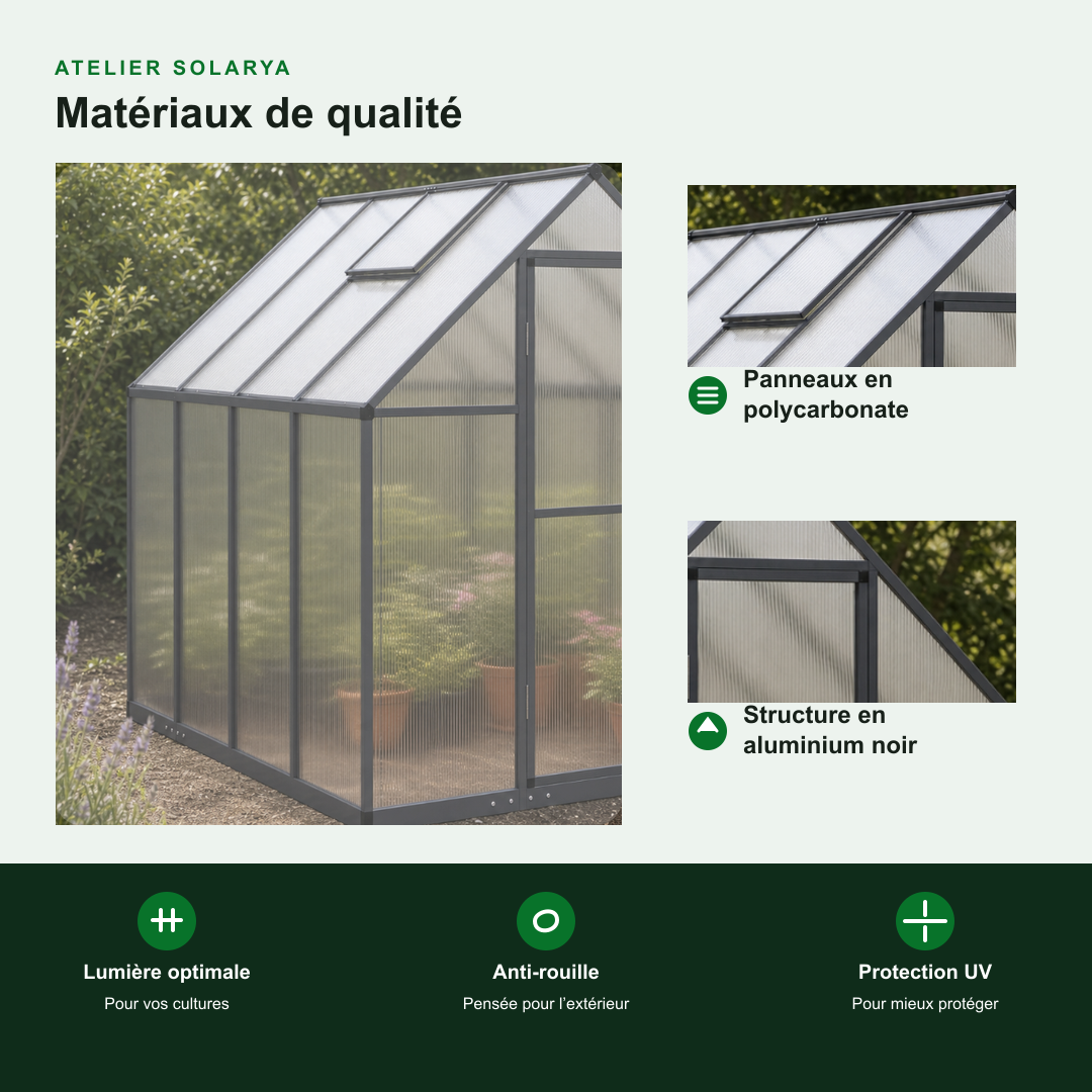 Serre de jardin anthracite 3,79 m² en polycarbonate | Atelier Solarya