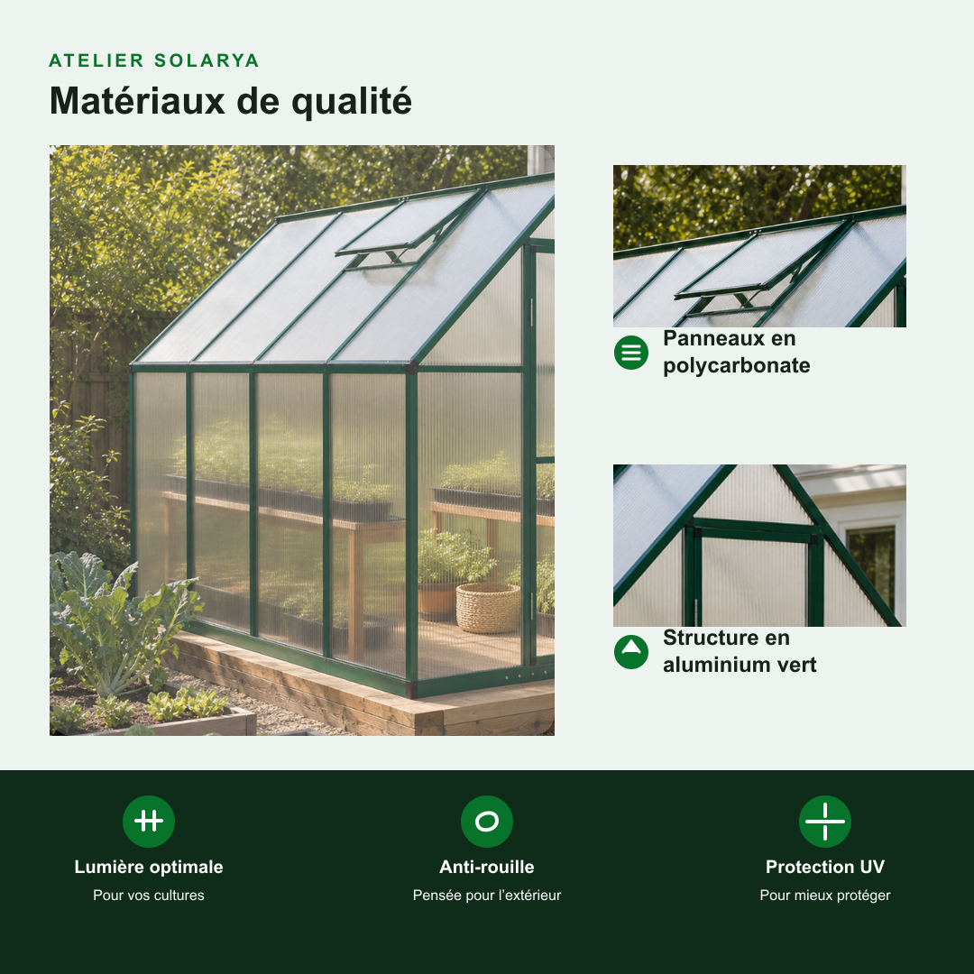 Serre de jardin verte 3,79 m² en  polycarbonate | Atelier Solarya