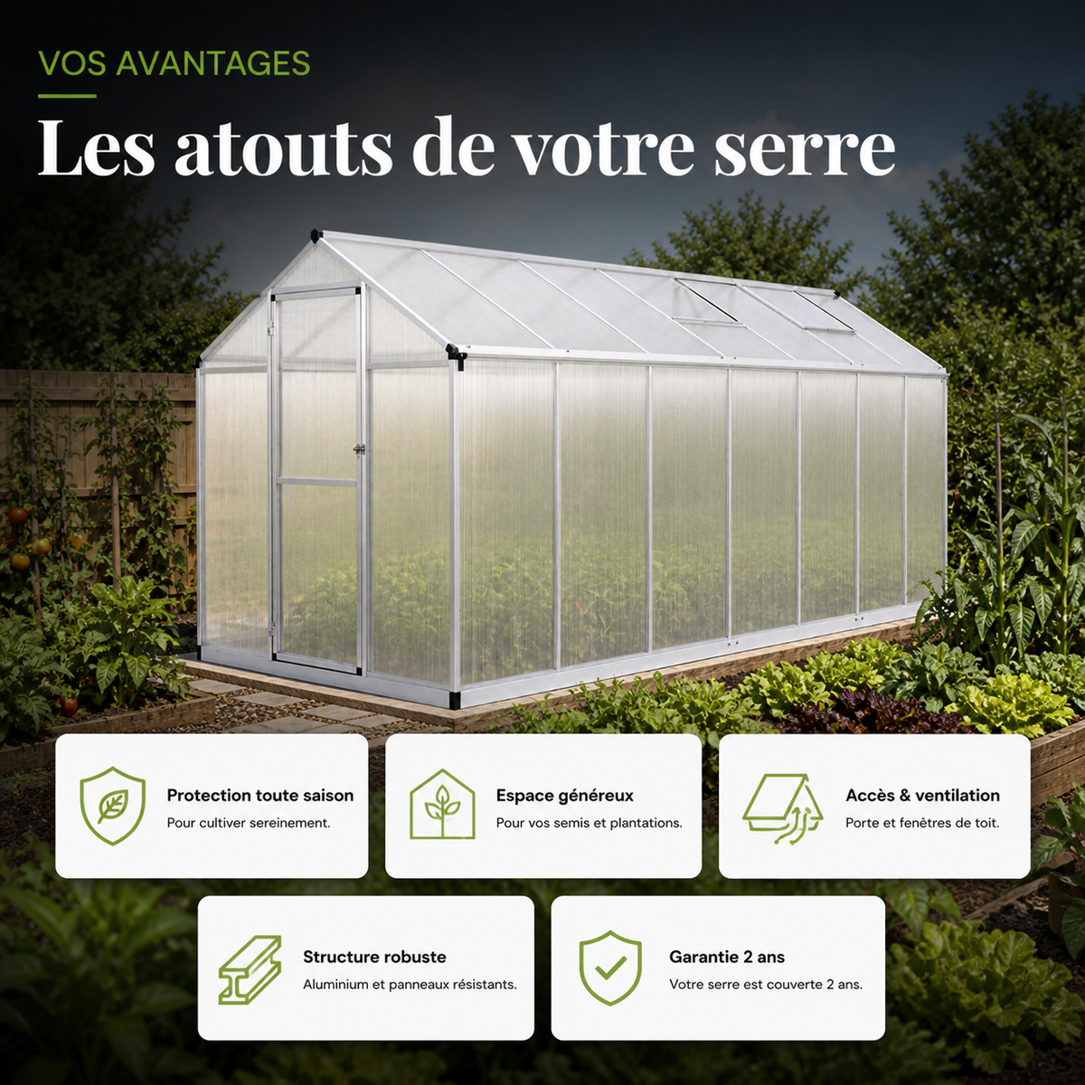 Serre de jardin 8 m² en aluminium avec aérations | Atelier Solarya