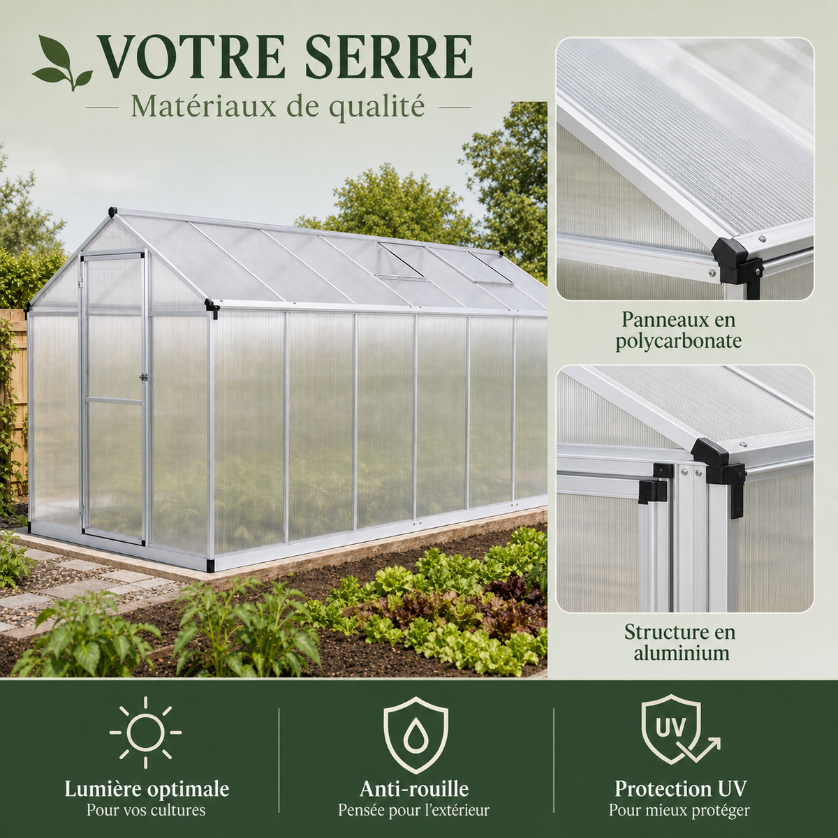 Serre de jardin 8 m² en aluminium avec aérations | Atelier Solarya