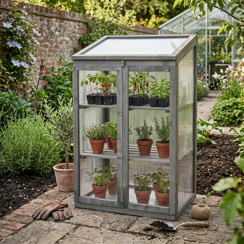 Mini-serre verticale 60 x 45 x 100 cm en bois de sapin avec étagères | Atelier Solarya